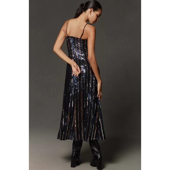 Anthropologie MAEVE Sleeveless Sequin Stripe Midi Dress in Navy Blue S NWT $178 - Picture 3 of 5